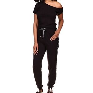 Michael Kors Size L, Black Off The Shoulder Logo Jumpsuit, NEW without Tags